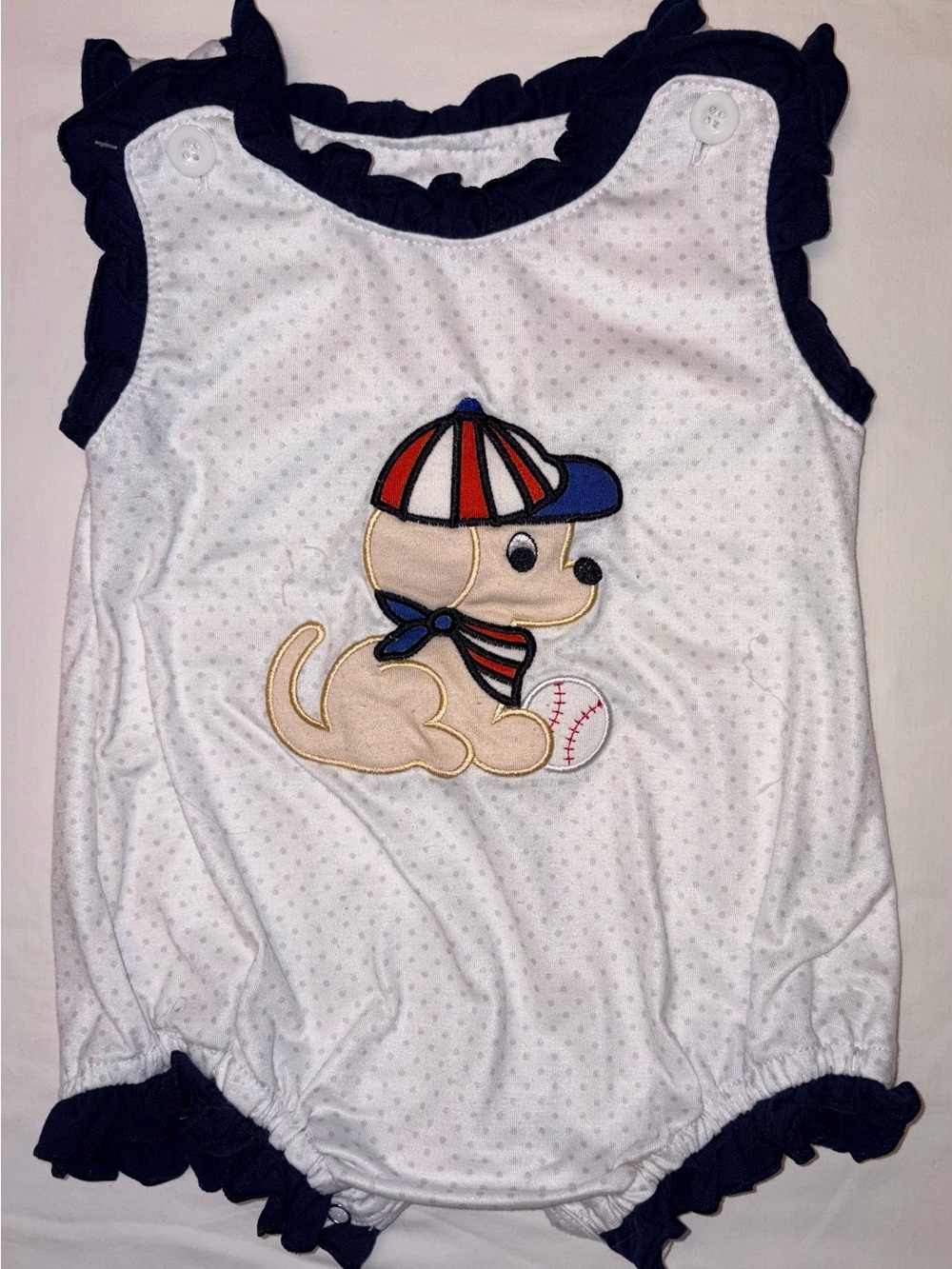 Boutique polka dot Bubble with cute Dog and Baseball appliqué sz 6-12 mo